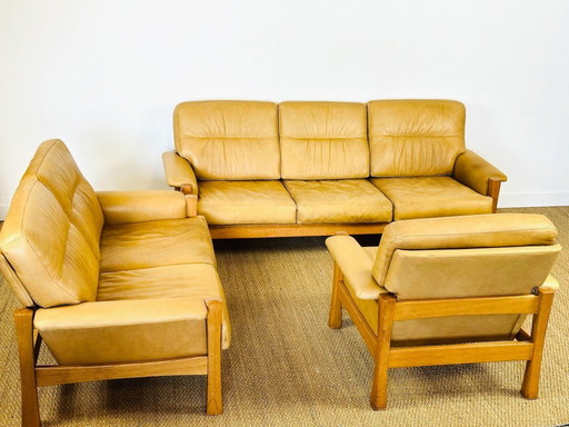 Ensemble de salon complet en cuir naturel et chêne, 1960, Set de 3
