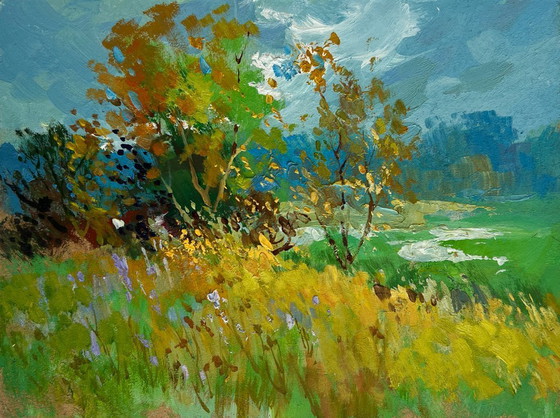 Image 1 of Original Oil Painting Summer Field Landscape Walking among flower fields