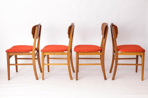 Set of 4 Danish Dining Chairs – Teak & Oak, 1960s, Red-Orange Upholstery
