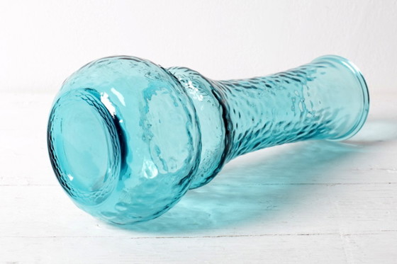 Image 1 of Turquoise Stylish Glass Flower Vase / Bibi Teal Hammered Textured Glass Vase / Italy / 1980s