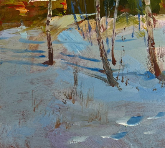 Image 1 of Original Oil Painting Snow Village Landscape Winter path leading home