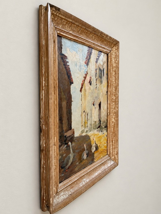 1930 French Double-Sided Oil Painting with Geese and Boat, Rustic Frame, Paintings & Drawings, Other, Wood (photo 3 of 9)