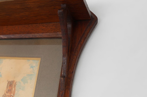 Image 1 of Art Nouveau Wall-Mounted Coat Rack with Framed Watercolors by Cassier, Belgium, 1905