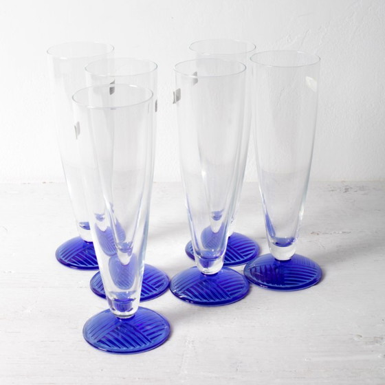 Set van 6 Vintage Glazen met Blauwe Voet / Zeldzame Hoge Tumblers / Zwiesel Glas / Duitsland / Jaren 90 (photo 4 of 11)