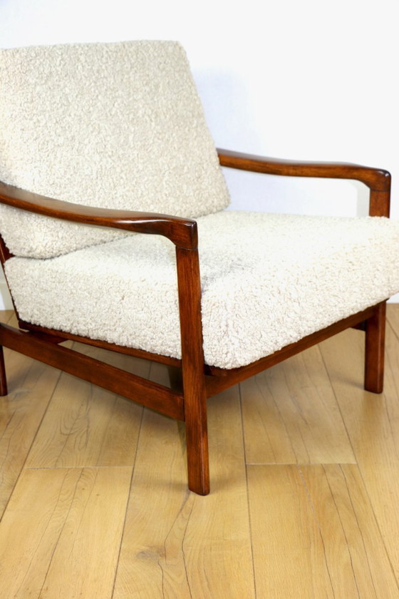 Image 1 of Wooden vintage brown armchair beige ivory long pile boucle design by Z. Bączyk - 2 pieces available
