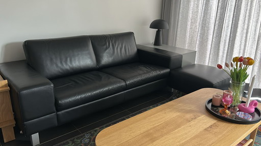 Leolux Canapé Antipode Cuir Noir + Hocker