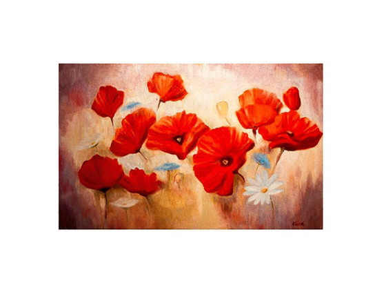 Image 1 of Cuadro al óleo de amapolas y margaritas firmado. Amapolas y margaritas al óleo. Pintura amapolas margaritas. Óleo con amapolas.