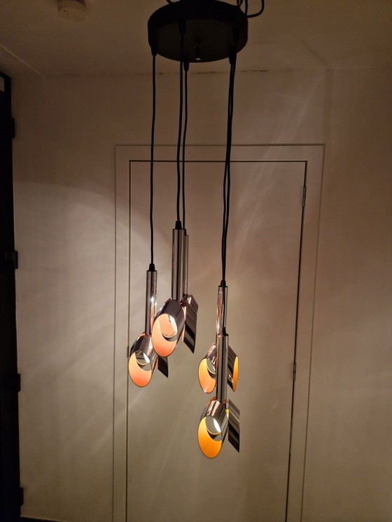 Massive Space Age cascade pendant lamp, chrome and orange, 5 light points, Metal, Silver (photo 2 of 15)
