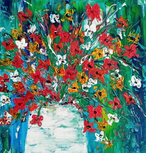 Peinture d'un vase avec des fleurs