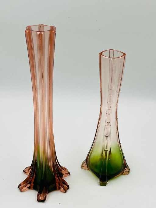 Pair of vintage bud vases in pink and green glass