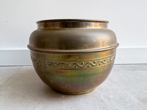 1x Grande vaso da fiori vintage in ottone/rame giallo – plantenbak, Brass, Copper (photo 2 of 7)