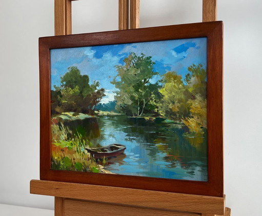 Original Oil Painting Summer River Landscape Boat in green reflections
