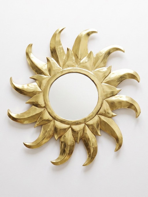 Großer, handgefertigter Sonnenstrahlenspiegel aus Holz und Stuck, vergoldet mit Blattgold, 1970er-80er Jahre