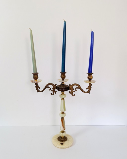 Vintage Onyx and Brass Triple Candlestick / 3 Arm Candle Holder from Tetovo Macedonia