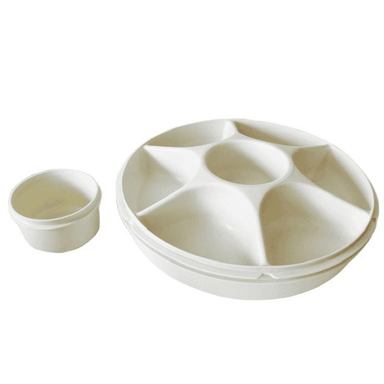 Piatto da portata vintage Tupperware per patatine e salsa, con coperchio e ciotolina per salsa, anni '80. (photo 6 of 8)