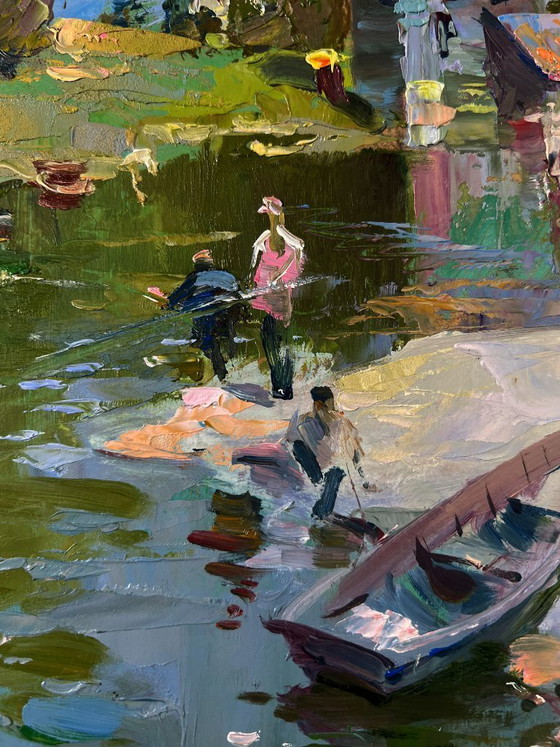 Image 1 of Original Oil Painting Summer River Landscape Fishermen resting near the shore