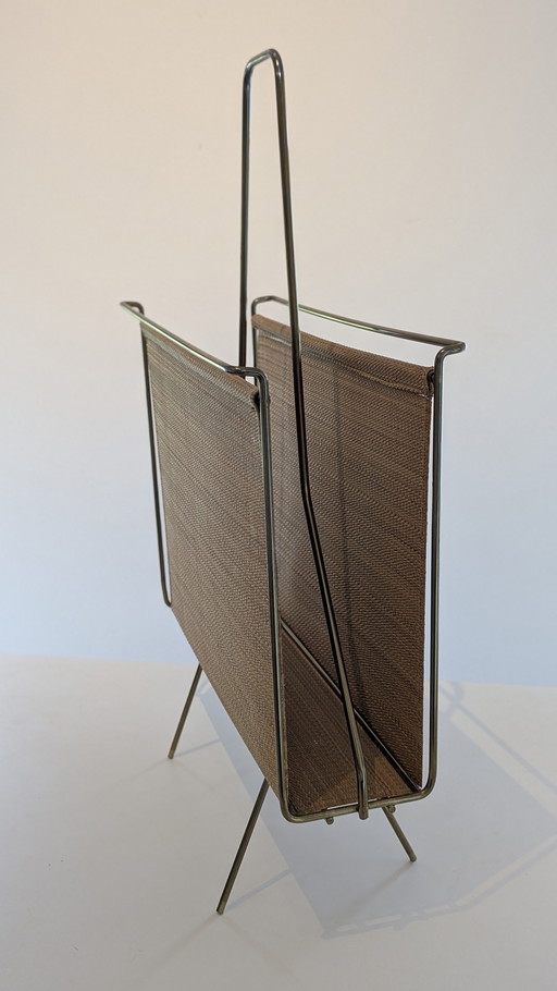 Swedish brass and raffia fabric magazine rack - 1960's