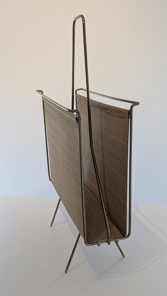 Image 1 of Swedish brass and raffia fabric magazine rack - 1960's
