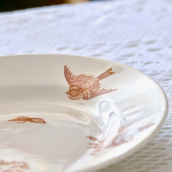 Image 1 of Grand Plat Ovale XIXe signé Longwy Terre De Fer Sépia "Botanique"