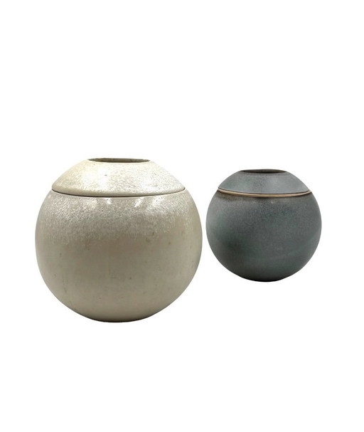 Set van 2 bolvormige aardewerken vazen ​​in mid-century modern stijl, Franco Bucci Italië ca. 1970