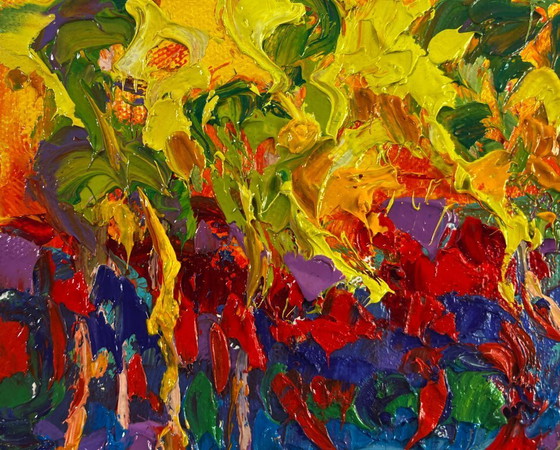 Image 1 of Original Oil Painting Colorful Forest Landscape Trees burn with the evening light