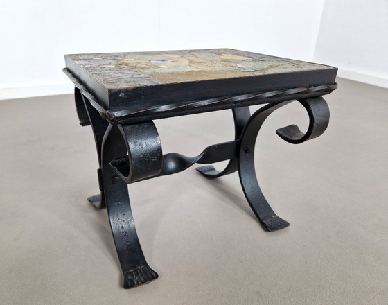 Image 1 of Bijzettafel van smeedijzer en leisteen | jaren 60