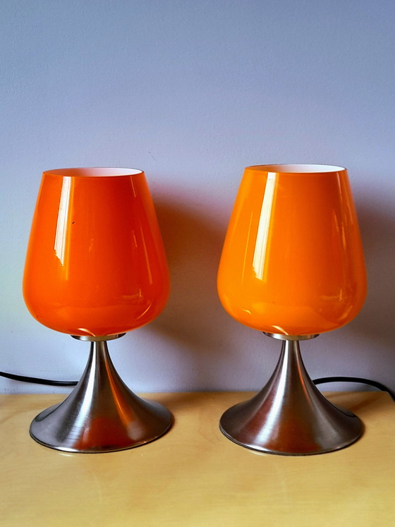 Image 1 of Pair of space age lamps in orange opaline glass and chrome-plated metal
