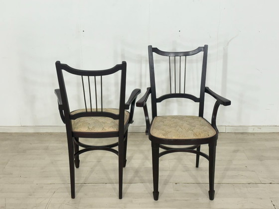 Image 1 of 4 originele Thonet-stoelen uit circa 1900 – Art Nouveau/Weense eetkamerstoelen met messing rugleuningen