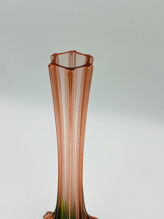 Image 1 of Pair of vintage bud vases in pink and green glass