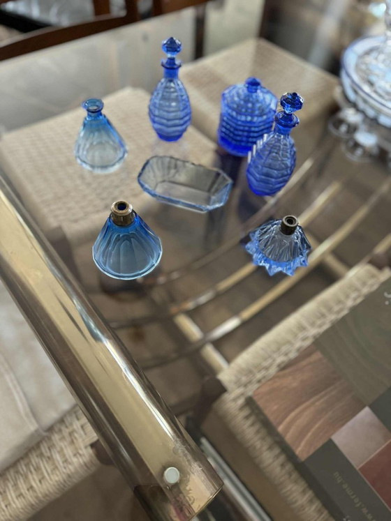 Pressed Glass Perfume Bottles and Powder Jar, 1940s, Set of 7, Dressing tables, Blue, Art Deco (photo 2 of 5)