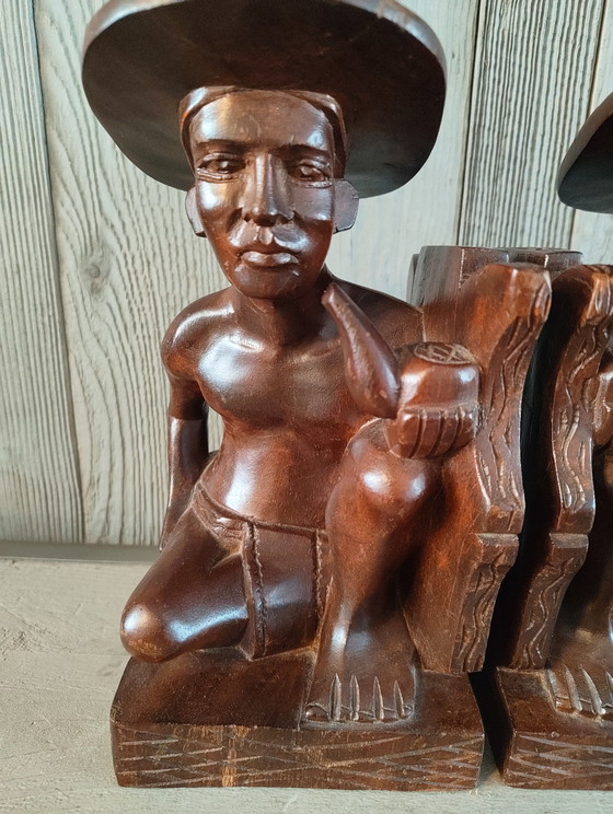 Image 1 of Vintage Balinees Houtsnijwerk Boekensteunen (Man & Vrouw)