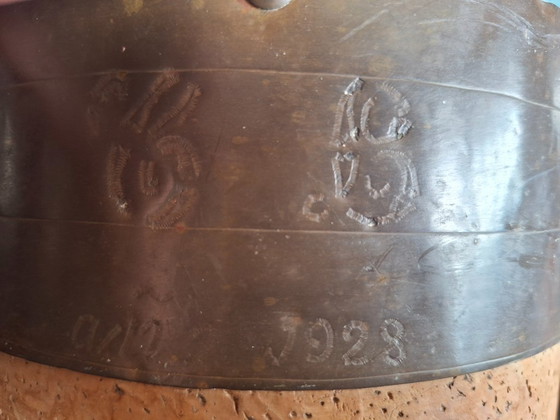 Image 1 of Antiguo Botijo de corcho y bronce fechado a mano 1928 e iniciales-Decoración etnográfica rústica