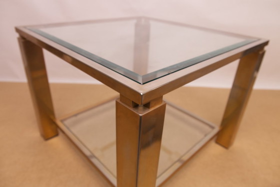 Image 1 of Table d'appoint carrée Belgochrom en verre plaqué or 23 carats à deux niveaux