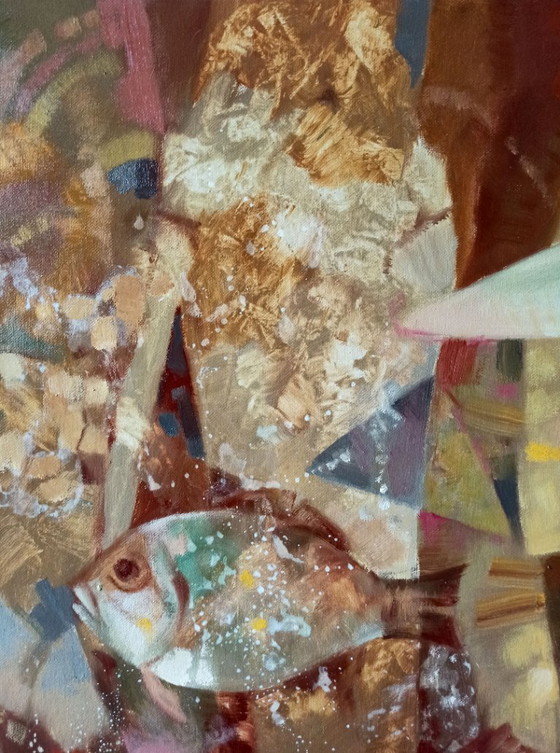 Origineel olieverfschilderij, abstract figuratief meisje, surrealisme, zwevende vis (photo 9 of 10)