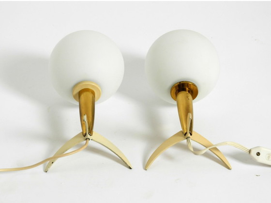 Image 1 of Two Mid-Century Modern rocket table lamps in brass and glass