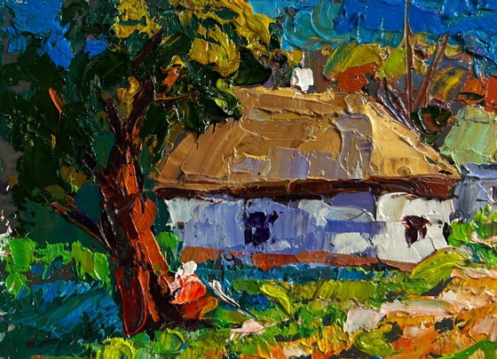 Image 1 of Original Oil Painting Summer Houses Landscape Morning street of the village