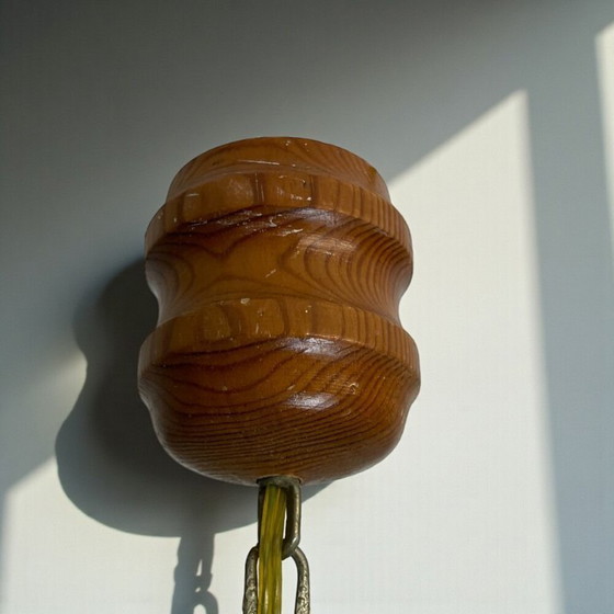 Image 1 of Lampadario rustico in legno con 3 luci in paglia di legno, anni '60