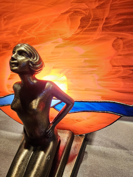 Image 1 of Art Deco lamp MCM 1960, probably bronze with Tiffany style glass shade.