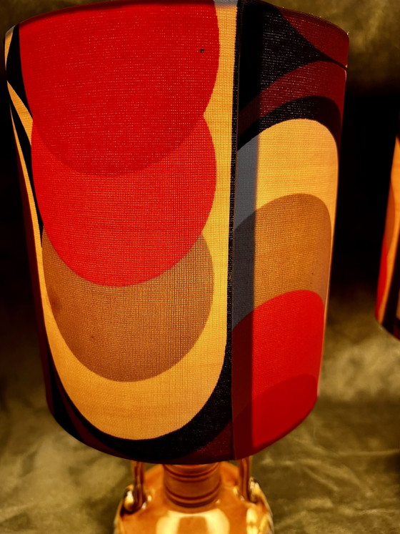 Unique Pair of Vintage 70s Table Lamps Scheurich 501/17 - Retro Pattern Shade - Perfect Condition – Ceramic (photo 8 of 10)