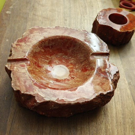 Vintage Onyx Ashtray Set – Red Stone – 1970s