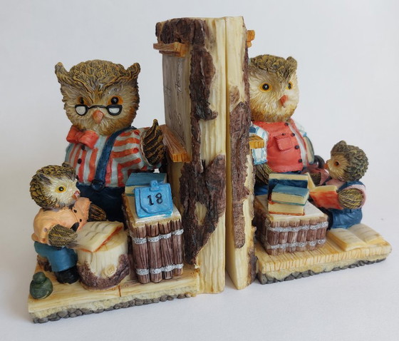 Image 1 of Serre-livres hibou vintage en résine peinte à la main