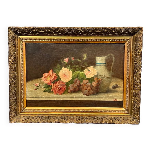 Josse-Lambert Hubert Bellis (1831–1902), "Stillleben mit Blumen und Früchten."