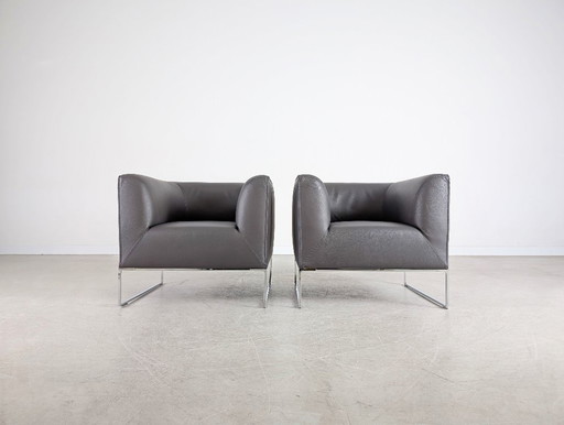 2 sillones originales COR Mell, de piel, gris antracita, diseño lounge.