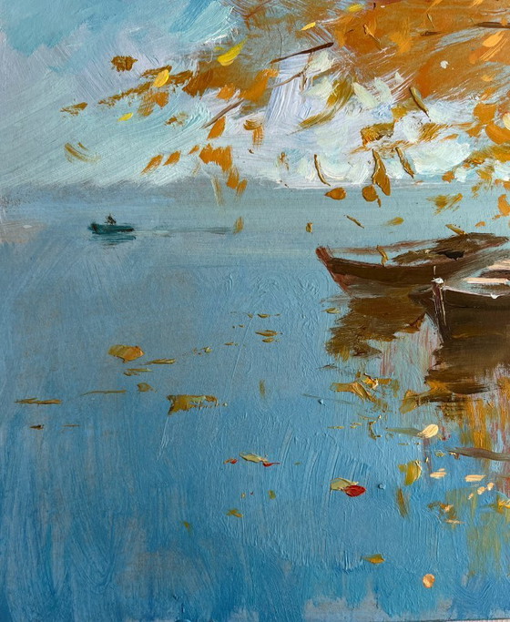 Image 1 of Original Oil Painting Autumn Coastal Landscape The whisper of autumn leaves over the river