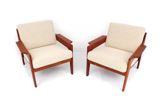 as new, 2x Arne Wahl Iversen f. Komfort, Danish Mid Century Teak Lounge Chair, Vintage Armchair, new virgin wool cover + straps