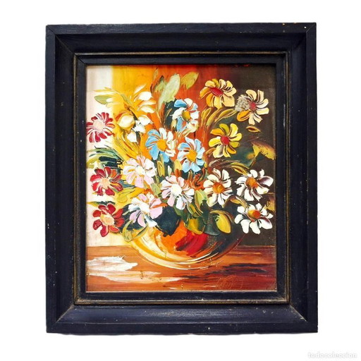 Dipinto a olio vintage con cornice – Natura morta floreale vibrante su pannello di fibra