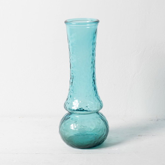 Image 1 of Turquoise Stylish Glass Flower Vase / Bibi Teal Hammered Textured Glass Vase / Italy / 1980s