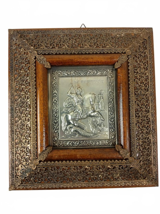 Image 1 of Wunderschöne griechische Ikone des Heiligen Georg (Agios Georgios) in einem reich verzierten Rahmen