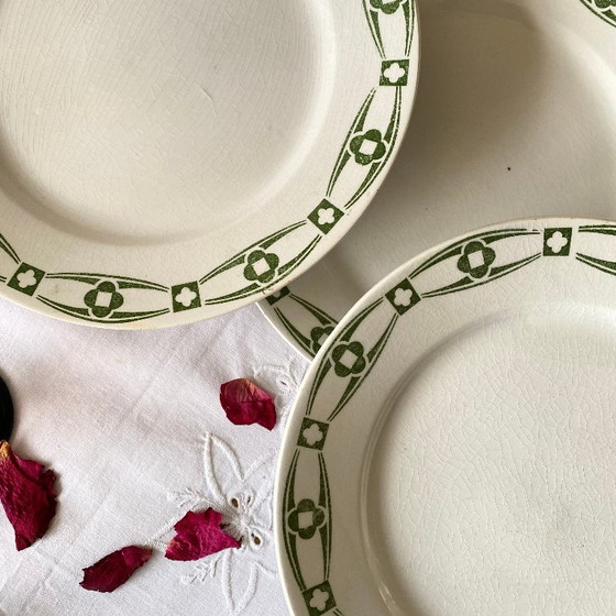 Image 1 of Set of 6 dessert plates, Creil and Montereau Labrador pattern, Annecy green, ironstone.