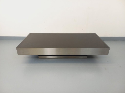 Vintage Willy Rizzo salontafel uit de jaren 70, gemaakt van geborsteld aluminium en zwart laminaat.
